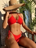 Women Red Bikini Halter Solid Two Piece Swimwear