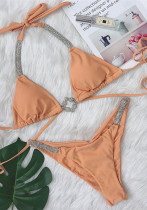 Women Orange Bikini Halter Diamonds Two Piece Swimwear