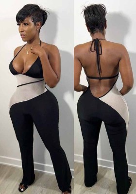 Women Summer Black Sexy Halter Sleeveless Color Blocking Skinny Jumpsuit
