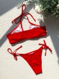 Women Red Bikini Halter Solid Two Piece Swimwear