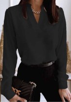 Women Spring Black V-neck Long Sleeve Solid Shirt