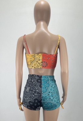 Women Summer Printed Sexy Sleeveless Crop Top Hollow Out Two Piece Shorts Set