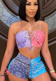 Women Summer Printed Sexy Sleeveless Crop Top Hollow Out Two Piece Shorts Set