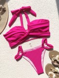 Women Pink Halter Solid Lace Up Two Piece Swimwear