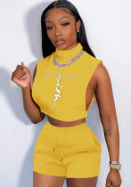 Women Spring Yellow Sexy Turtleneck Sleeveless Crop Top Letter Print Knit Two Piece Shorts Set