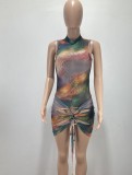 Women Summer Printed Sexy O-Neck Sleeveless Tie Dye Bodysuit Set