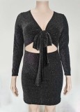Spring Women Black Tied Front Long Sleeve Sexy Plus Size Party Dress