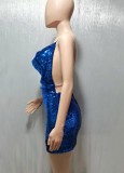 Summer Women Blue Sequin Sexy Backless Halter Mini Club Dress