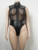 Summer Women Black Patchwork Sleeveless Zipper Leather Plus Size Bodysuit