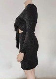 Spring Women Black Tied Front Long Sleeve Sexy Plus Size Party Dress