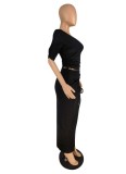 Summer Women Black V-Neck Crop Top and Slit Long Skirt Two Piece Set