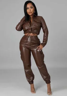 Spring Women Brown Leather Long Sleeve Crop Top and Pants Two Piece Set