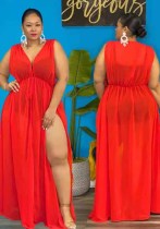 Summer Women Red Sleeveless Slit V-Neck Plus Size Maxi Dress