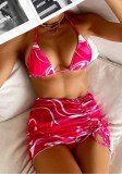 Women Multi-Color Stripes Print Cover-Up Bikini Three Piece Swimwear