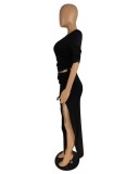 Summer Women Black V-Neck Crop Top and Slit Long Skirt Two Piece Set
