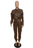 Spring Women Brown Leather Long Sleeve Crop Top and Pants Two Piece Set