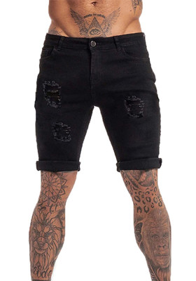 Summer Men Black Ripped Denim Jean Shorts