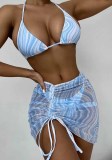 Women Multi-Color Stripes Print Cover-Up Bikini Three Piece Swimwear