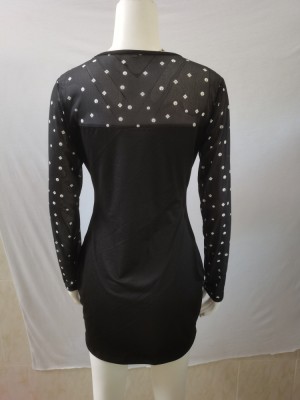 Spring Women Black Beaded Long Sleeve Mini Club Dress