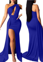 Summer Women Blue One Shoulder Cut Out Slit Long Evening Dress