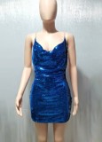 Summer Women Blue Sequin Sexy Backless Halter Mini Club Dress