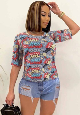 Summer Women Printed Street Style Short Sleeve O-Neck Shirt