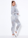 Women Light Grey O-Neck Full Sleeves High Waist Solid Hollow Out Skinny Yoga Top and Leggings Two Piece Pants Set