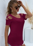 Women Summer Burgunry Casual O-Neck Short Sleeves Solid Hollow Out Regular T-Shirt