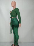 Women Green Sexy V-neck Full Sleeves High Waist Solid Skinny Two Piece Pants Set