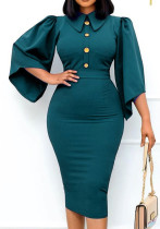 Summer Green Sexy Turn-down Collar Wrist Sleeves Solid Button Midi Pencil Plus Size Office Dress