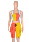 Women Summer Yellow Casual Straps Sleeveless High Waist Color Blocking Drawstring Skinny Two Piece Shorts Set