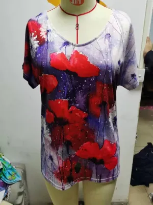 Women Summer Purple Casual V-neck Short Sleeves Floral Print Loose T-Shirt