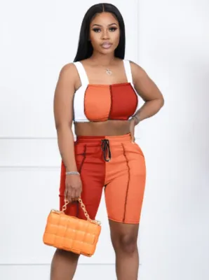 Women Summer Orange Casual Straps Sleeveless High Waist Color Blocking Drawstring Skinny Two Piece Shorts Set