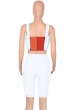 Women Summer Orange Casual Straps Sleeveless High Waist Color Blocking Drawstring Skinny Two Piece Shorts Set