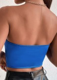 Women Summer Blue Strapless Solid Short Crop Tops