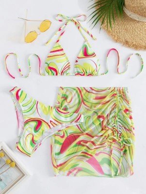 Women Yellow and Rose Bikini Halter Striped Print 3 Piece Swimsuit