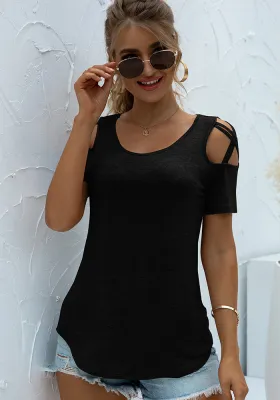 Women Summer Black Casual O-Neck Short Sleeves Solid Hollow Out Regular T-Shirt
