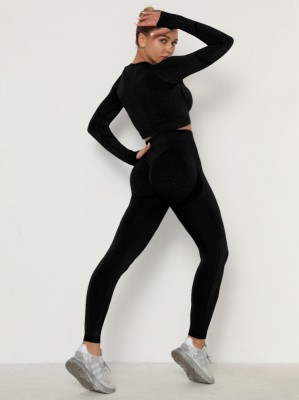 Women Spring Black O-Neck Full Sleeves High Waist Solid Skinny Yoga Top and Leggings Two Piece Pants Set