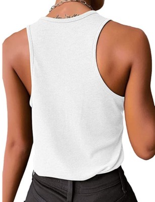 Women Summer White U-Neck Solid Cotton Blend Button Regular Tank Tops