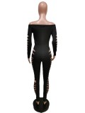 Women Spring Black Sexy Off-the-shoulder Full Sleeves Solid Hollow Out Full Length Skinny Jumpsuit