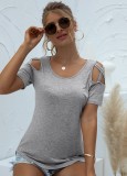 Women Summer Grey Casual O-Neck Short Sleeves Solid Hollow Out Regular T-Shirt