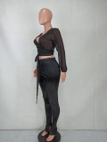 Spring Black Sexy V-neck Full Sleeves High Waist Solid Skinny Two Piece Pants Set