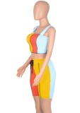 Women Summer Yellow Casual Straps Sleeveless High Waist Color Blocking Drawstring Skinny Two Piece Shorts Set