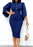 Women Summer Dark Blue Elegant Turn-down Collar Half Sleeves Solid Button Midi Pencil Plus Size Office Dress