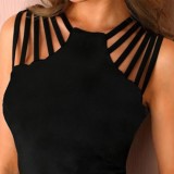 Women Summer Black Solid Hollow Out Regular Tank Tops