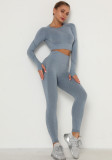 Women Spring Blue O-Neck Full Sleeves High Waist Solid Skinny Yoga Top and Leggings Two Piece Pants Set