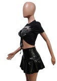 Women Summer Black Casual O-Neck Short Sleeves Skulls Print T-shirt PU Leather Pleated High Waist MiniTwo Piece Skirt Set
