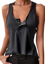 Women Summer Dark Grey U-Neck Solid Cotton Blend Button Regular Tank Tops