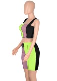 Women Summer Green Casual Straps Sleeveless High Waist Color Blocking Drawstring Skinny Two Piece Shorts Set
