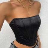 Women Summer Black Strapless Solid Short Crop Tops